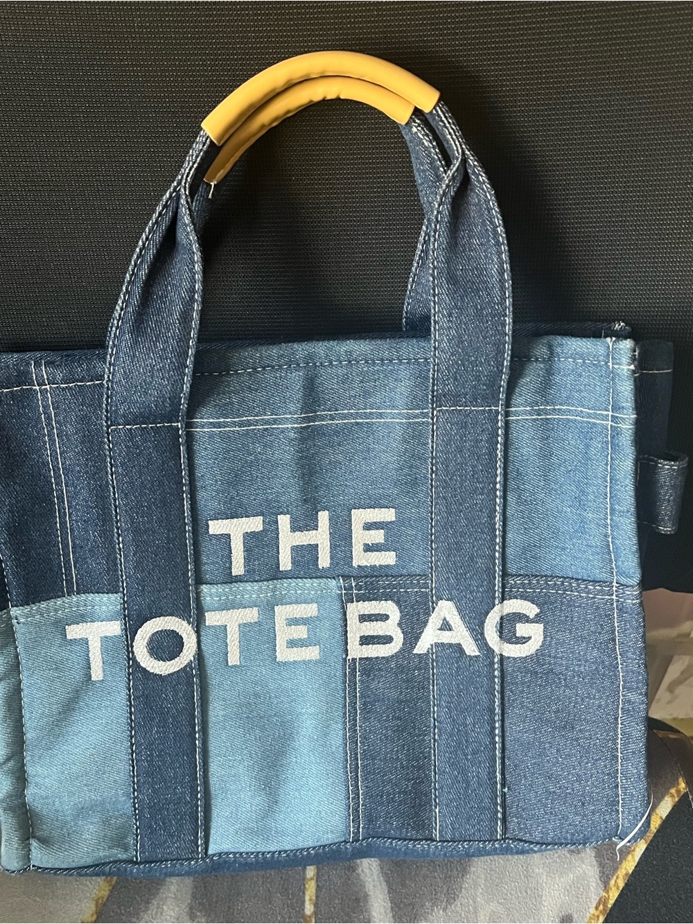 Blue Patchwork Denim Tote Bag with Yellow Handle
